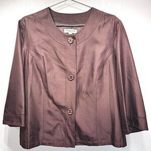 Coldwater Creek Chocolate Brown 100% Silk Topper Jacket 3/4 Sleeves Button Front